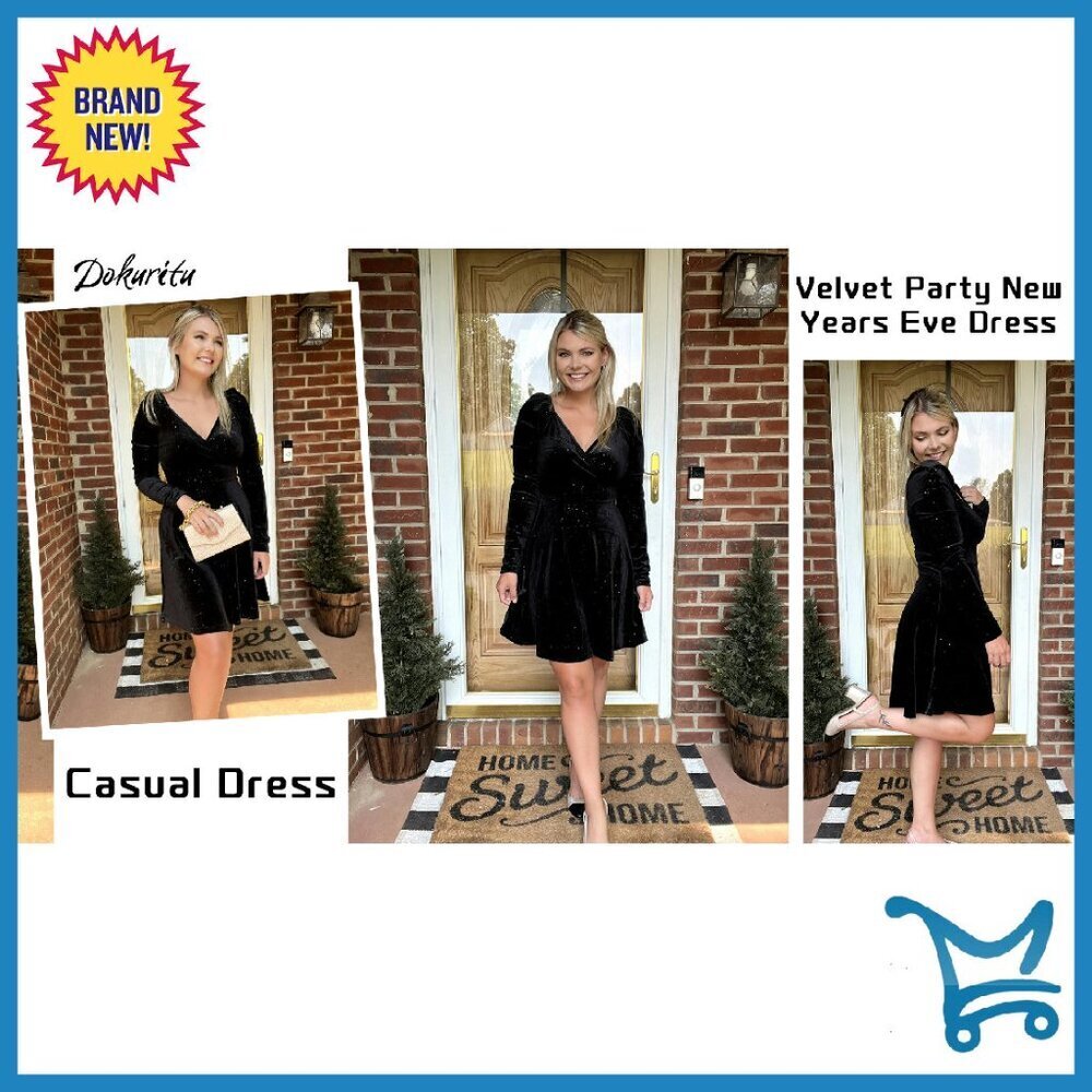 Velvet Glitter Wrap V Neck Long Sleeve Fit Flare Mini Dress - Picture 8 of 8